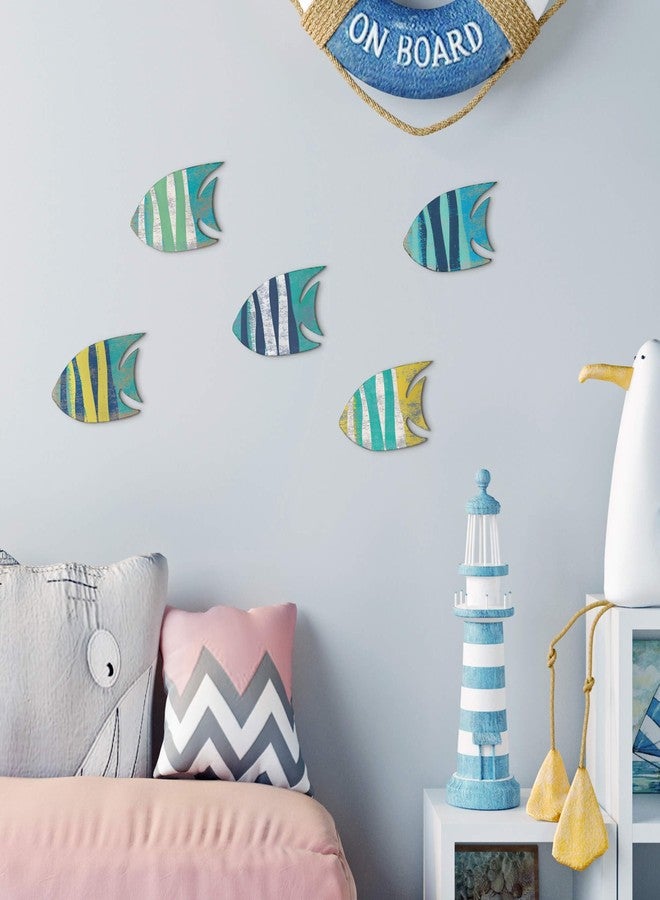Putuo Decor 5 Pieces Wood Fish Nautical Beach Wall Art - Hand Carved Wooden School of Fish Hanging Coastal Sculpture for Lake House, Ocean, Home - Vintage Blue - Image 5